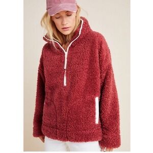 Anthropologie Saturday Sunday Annette Sherpa Pullover 1/2 Zip Cozy Fleece Red S